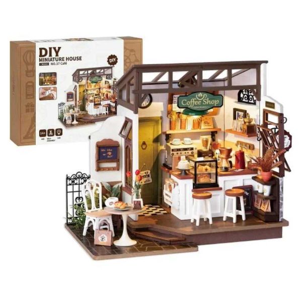 Robotime DIY Wooden Dollhouse Set with Miniature Furniture Model Building Set with LED for Adult and Children NO.17 Coffee M240824