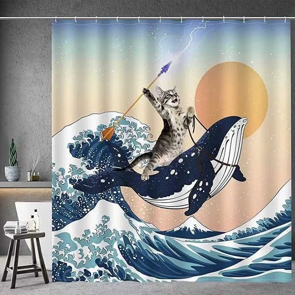 Funny Shower Curtain Brave Cat Holding Trident Arrow Riding Shark in Ocean Wave Whale Cat Shower Curtain Set Bathroom Decor Set M240824