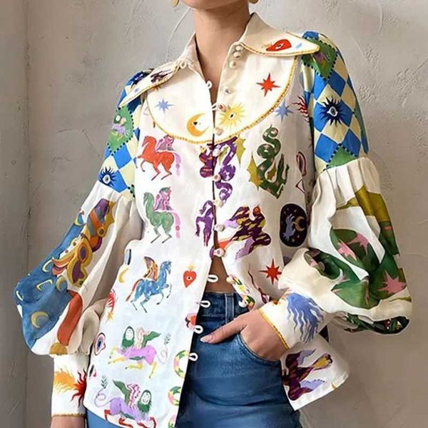 Women&#039;s Blouses Shirts 2024 Summer Womens New Temperament Commuter Print Lapel Single Breasted Lantern All Shirt For Women z250212