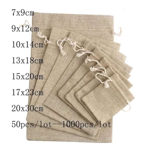 50Pcs-Lot 7X9 9X12 10X14cm Jute Gift Cotton En Jewelry Drawstring Packaging Pouch Display Wedding Sack Burlap Bags