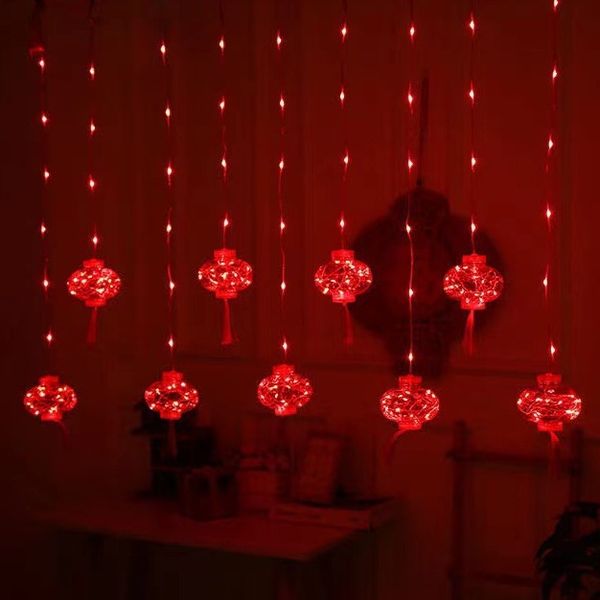 Festive Red LED Lantern-Shaped Curtain Lights for Family Celebrations