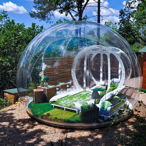 Outdoor 5m dia + 2m Tunnel Camping Clear Inflatable Bubble Tent house Air Dome Igloo Transparent with Single Tunnel,tow rooms Privacy Tents