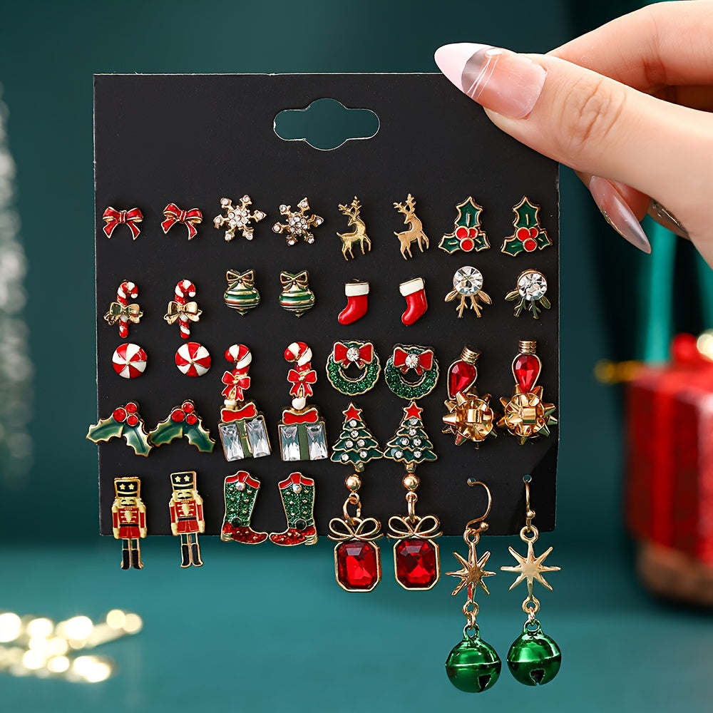 TEMU 20 Pairs Christmas Earrings Set - - Alloy Dangle & Stud Earrings With Bows, Reindeer, Snowflakes, Candy Canes & Stockings - Elegant & Holiday