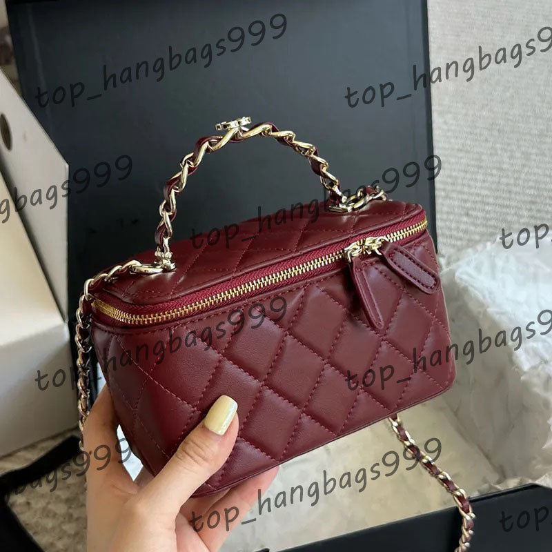 Ladies Shoulder Makeup Bag Metal Handle With Mirror Vanity Box Lambskin Leather Gold Hardware Woven Chain Cosmetic Case Handbag Lipstick Card Holder