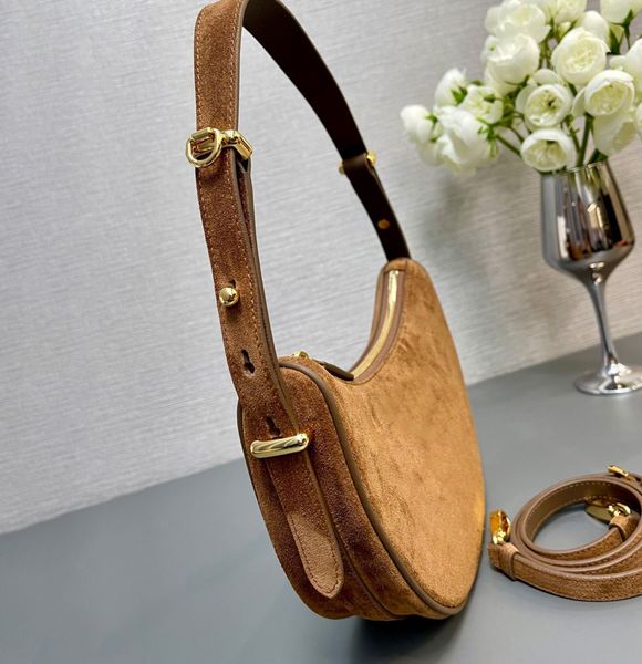 10Anew 10A arque suede shoulder luxury designer metal triangle half moon handbag zipper closure patch pocket crossbody fashion women shoppin