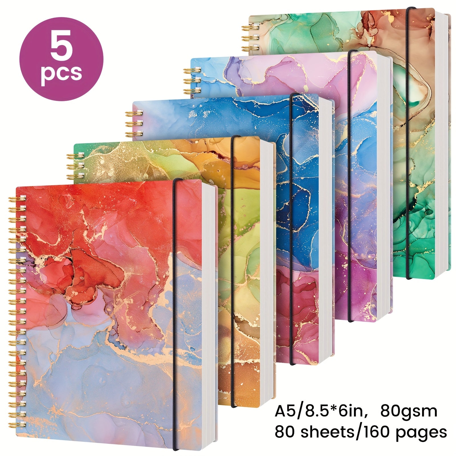 TEMU 5pcs Hardcover Spiral Notebook - A5, 400 Sheets-800 Pages, 5 Colors, Marble Texture, Work, Home, School Supplies, Back-to-school Gifts,