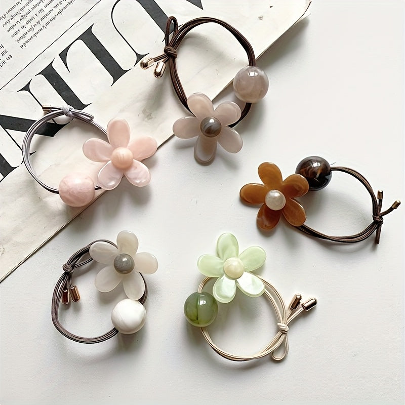 TEMU High Fabric Flower Hair Ties, Solid Color Jelly-colored Ponytail Holders With Floral Accents, Versatile Hair Accessories For Women, Cute Hair