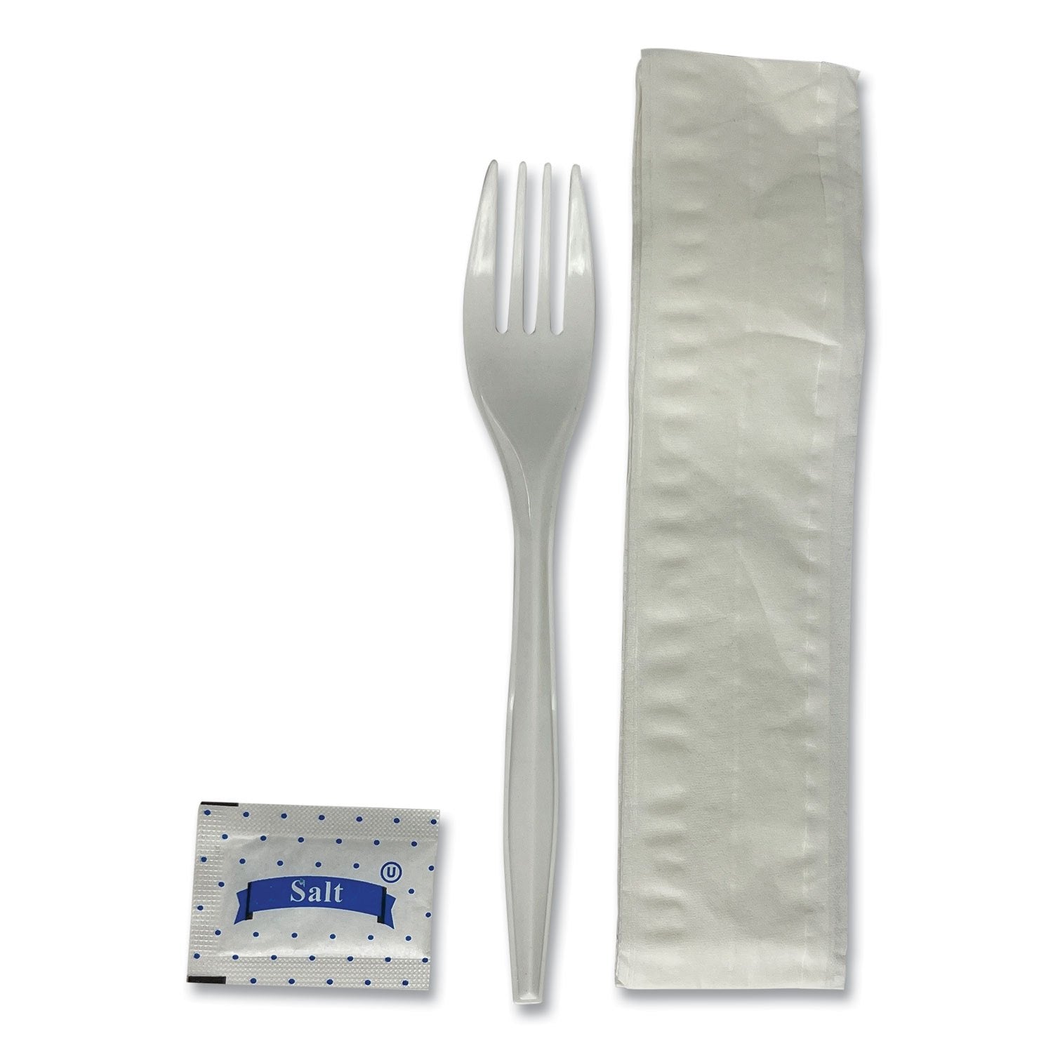 TEMU 500 Sets Per Carton, Individually Wrapped Three-piece White Disposable Plastic Utensil Set, Fork-napkin-salt , 7.1"l.