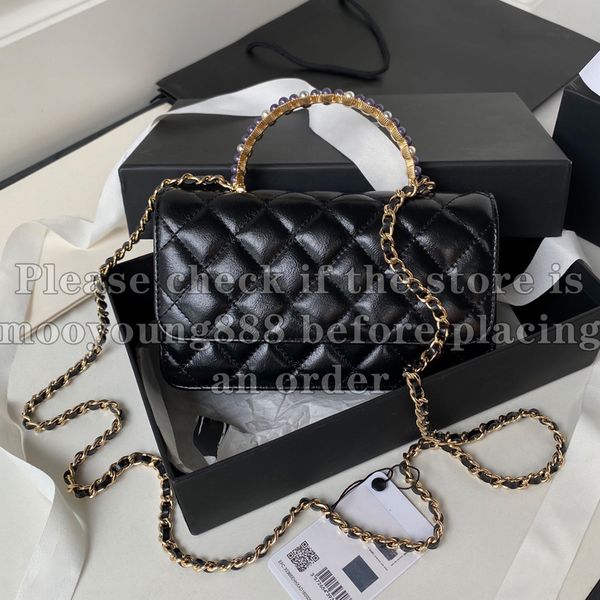 12A Upgrade Mirror Quality Designer Mini Wallet On Chain Bag 19cm Womens Pearl Handle Handbags Lambskin Quilted Purse Crossbody Shoulder Cha