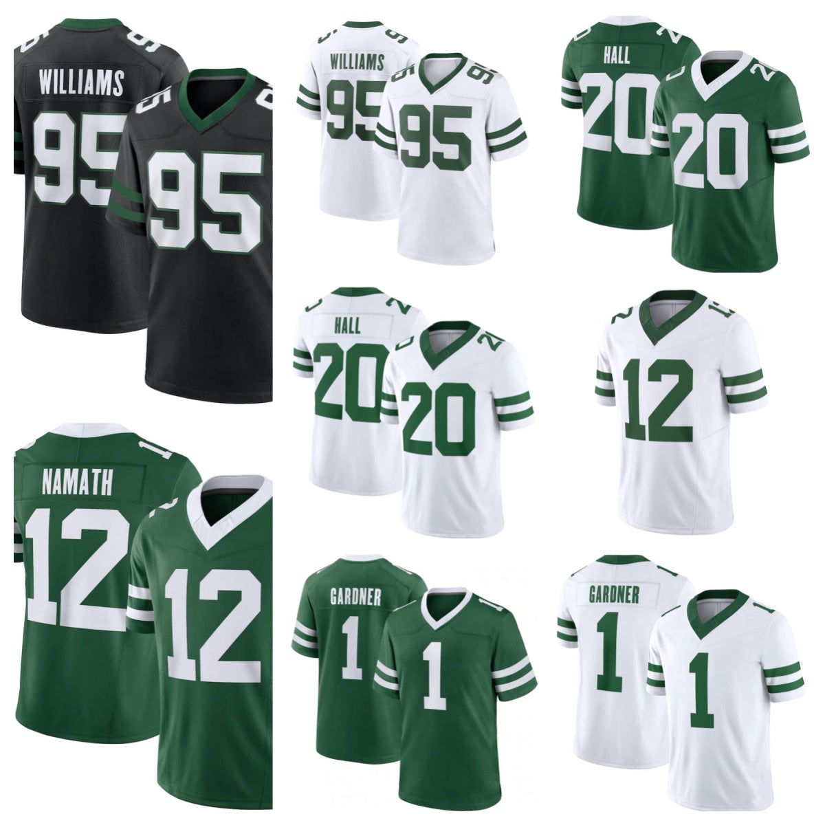 Men&#039;s 1 Sauce Gardner 20 Breece Hall 12 Joe Namath 95 Quinnen Williams 57 C.J. Mosley 5 Garrett Wilson 7 Justin Fields American Football Limite