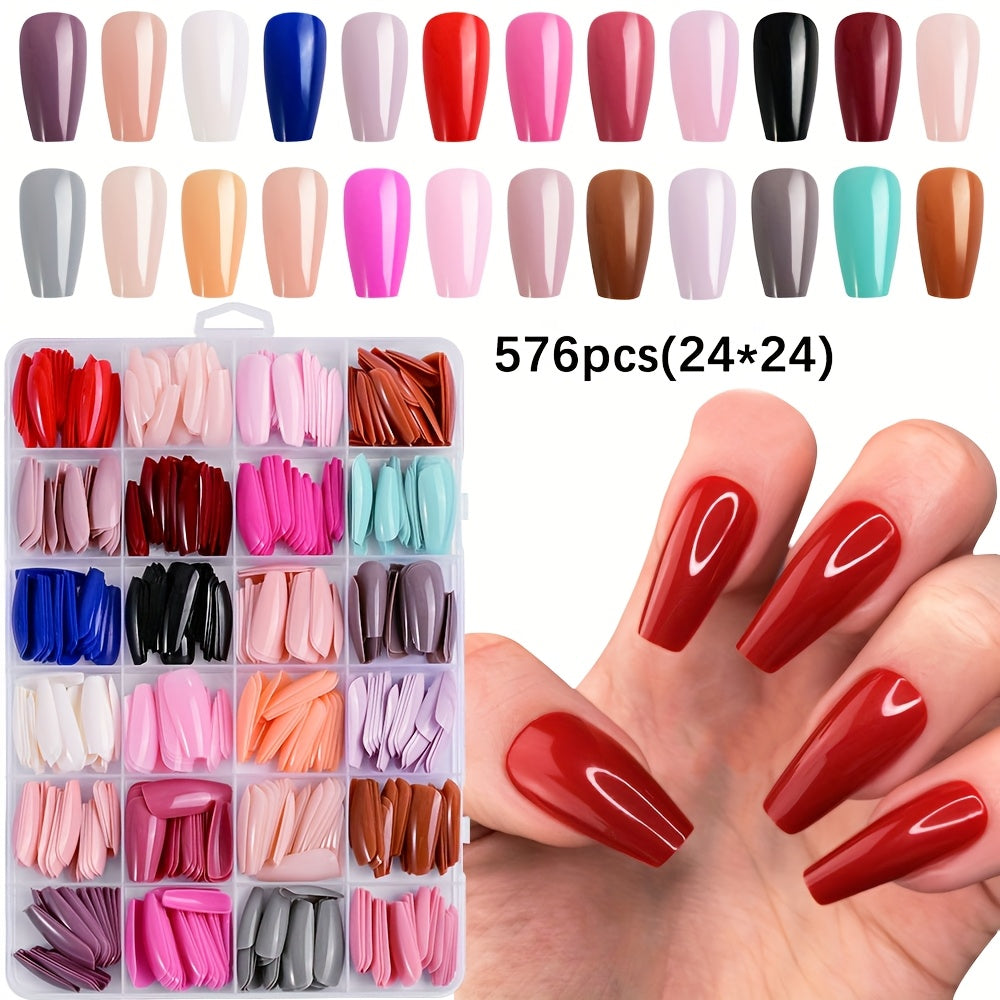 TEMU 576pcs Glossy Acrylic Press-on Nails 24 Colors - Mid-length Full-coverage False Nails For Women & S, Vibrant Solid Colors For Parties, Events,