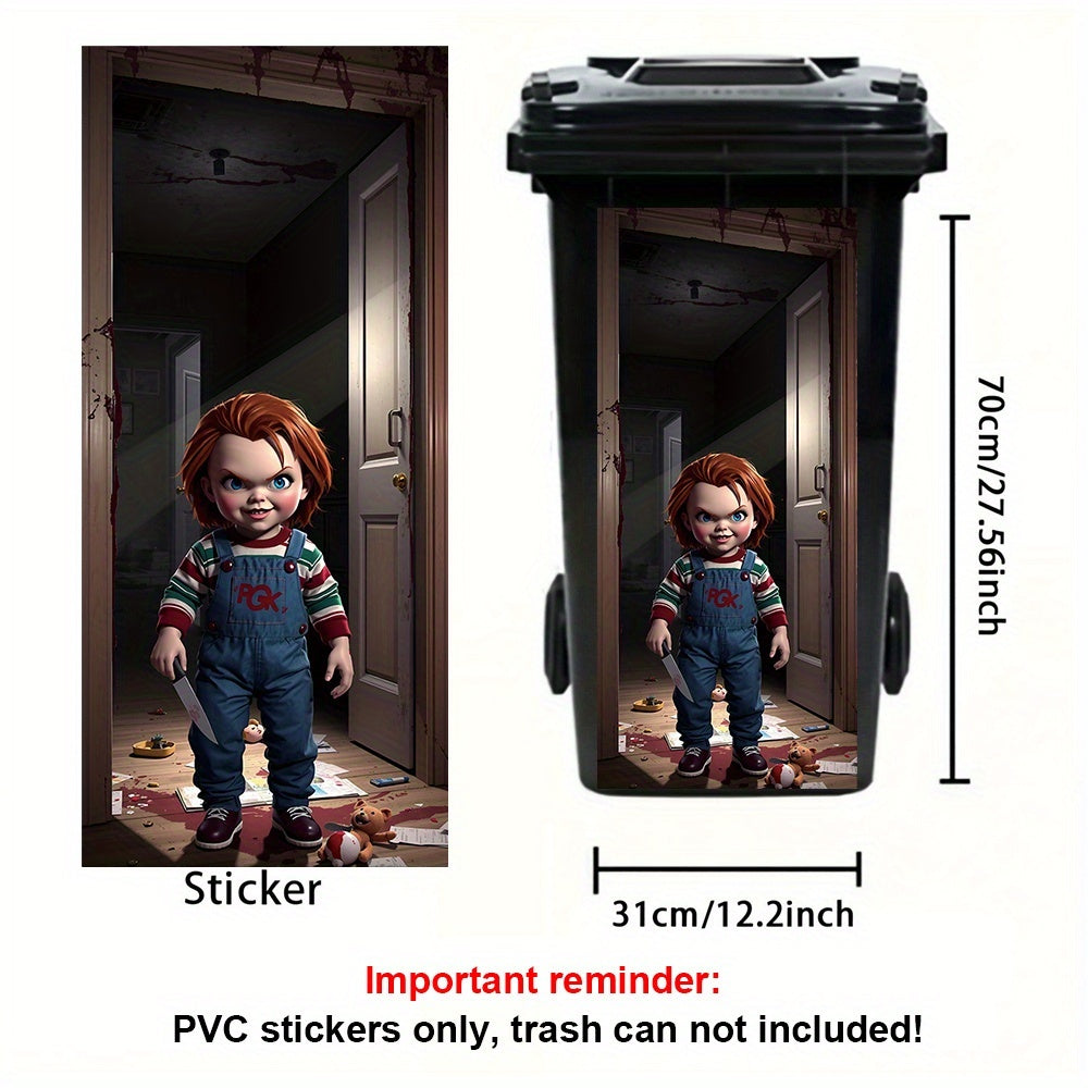 TEMU 1pc, Halloween-themed Chucky Theme Trash Can Sticker - Waterproof Pvc Self-adhesive Decal For Outdoor Garbage Bins, Walls, And Kitchen Decor, ,