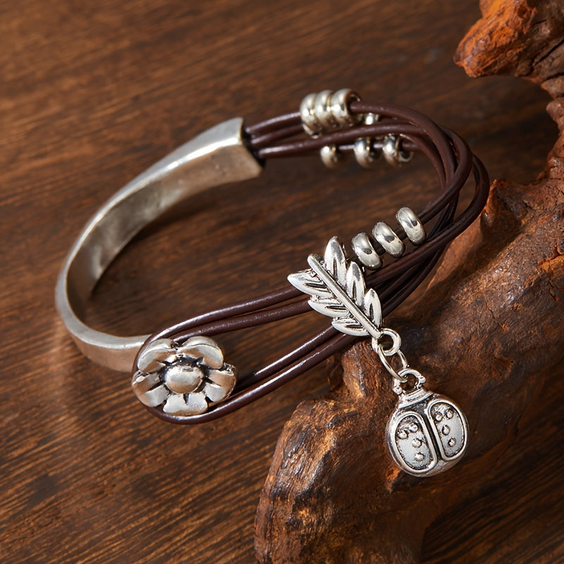 TEMU 925 Silver Vintage Floral Boho Chic Bracelet - Adjustable, Retro-inspired, Versatile, Women's Fashion Jewelry - Casual Attire, Parties, And Gift