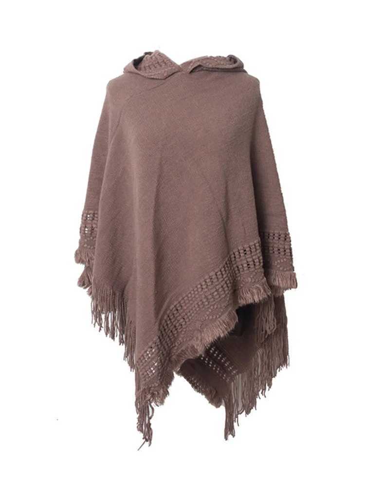 Winter Knitted Hoodie Solid Color Pullover Sweater Womens Casual Tassel Batwing Sleeve Shawl Cape Womens Open Collar W240921