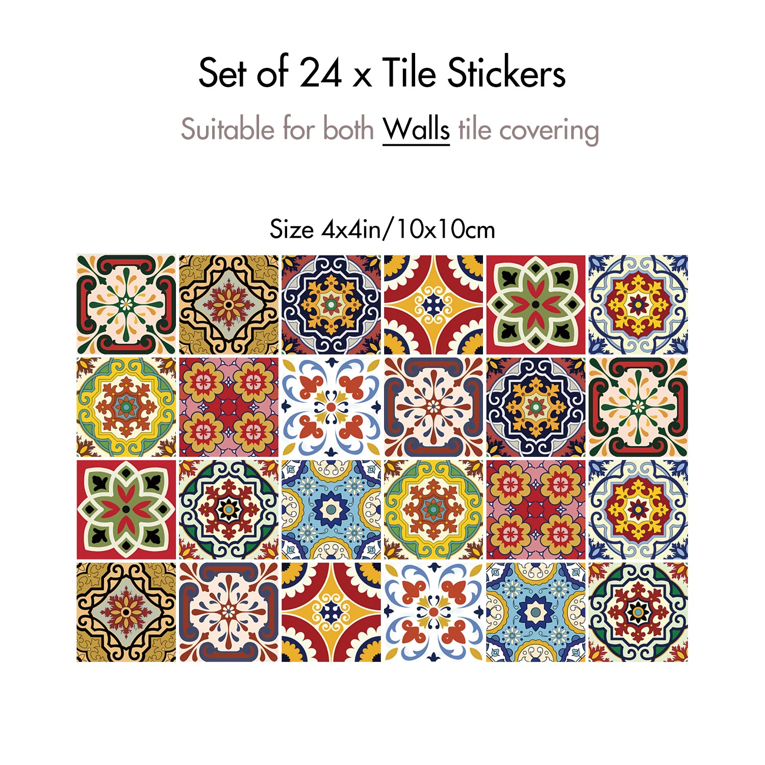 TEMU 24pcs Bohemian Moroccan Tile Stickers Waterproof Wallpaper-like Decals - Spanish Mosaic Patterns (cobblestone, Azulejos) For Kitchen, Bathroom,