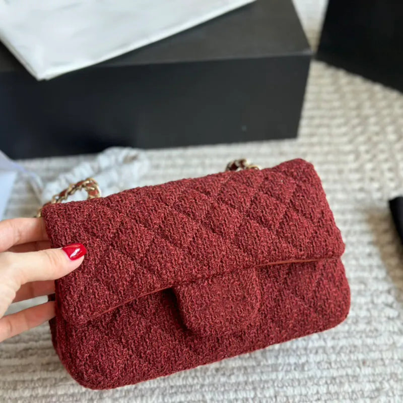 Women Designer Red Knitting Tweed Mini Flap Bag Classic Diamond Lattice Light Gold Hardware Shoulder Bags Cross Body Handbag Luxury Wallet Key Pouch