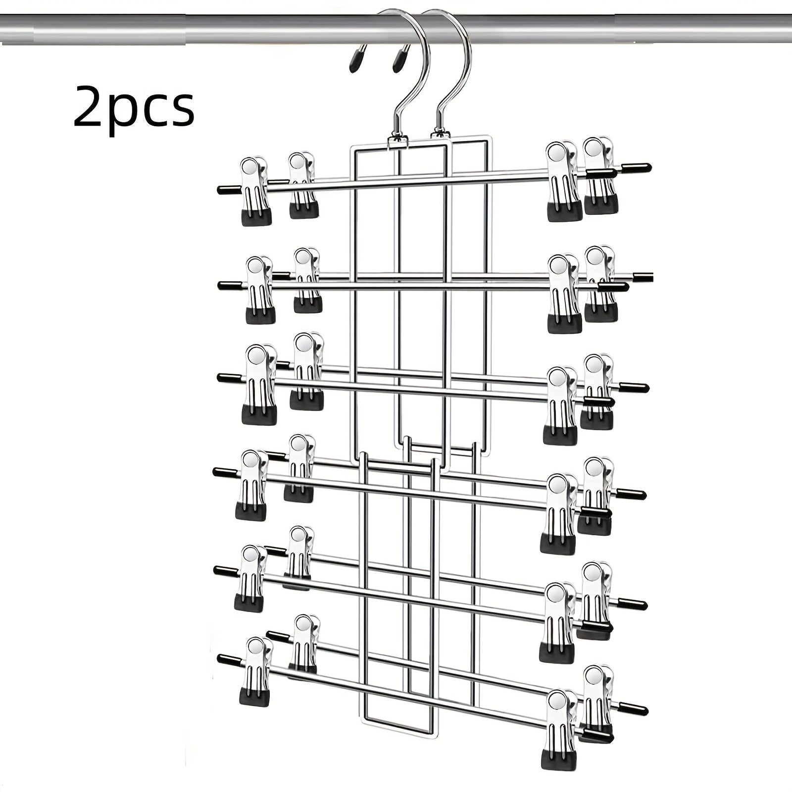 TEMU 2pcs Stainless Steel Pants Hangers With Clips - 6-tier Space-saving Closet Organizer For Skirts, Jeans, Scarves - Durable Multi-use Storage For