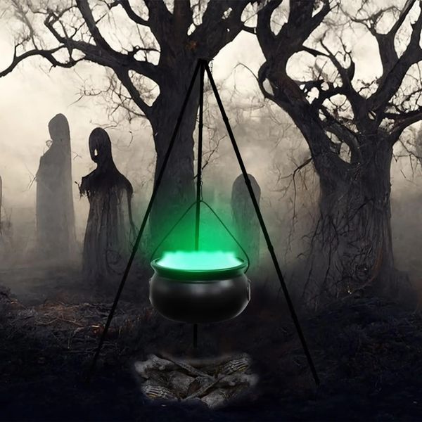 Large witch pot on tripod with LED string lights Halloween party decoration outdoor Hocus Pocus candy bowls and buckets family courtyard por