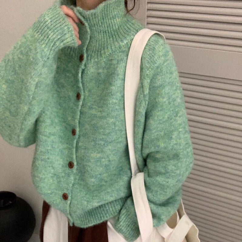 Korean Style Stand Collar High Neck Sweater Coat for Women Soft and Cozy Top for Autumn and Winter Loose and Lazy Knitted Cardigan for Outerwear 250