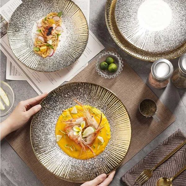 Creative Dinner Plate Ceramic Gold Salad Western Food Plate Striped Round Shallow Plate Hotel Restaurant UtensilsC241213