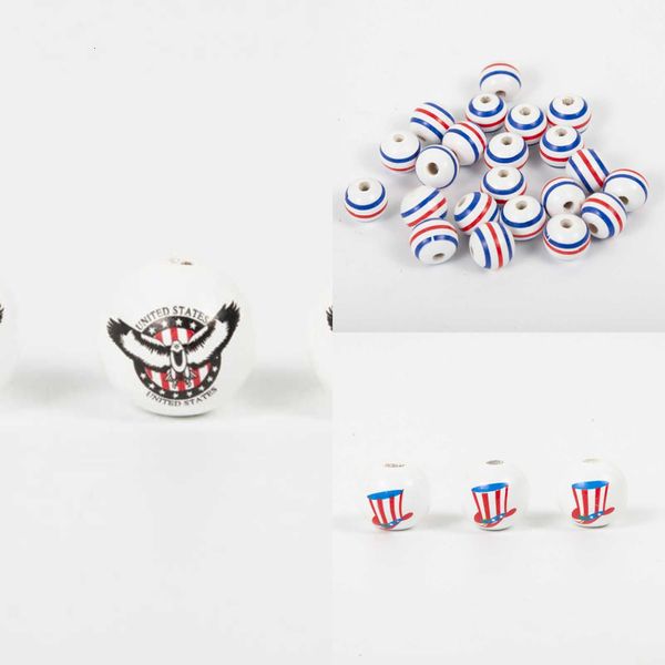 New 10Pcs American Independence Day Twine Tassel Wood Bead String Wooden Charm Round Spacer Beads Diy For Jewelry Making