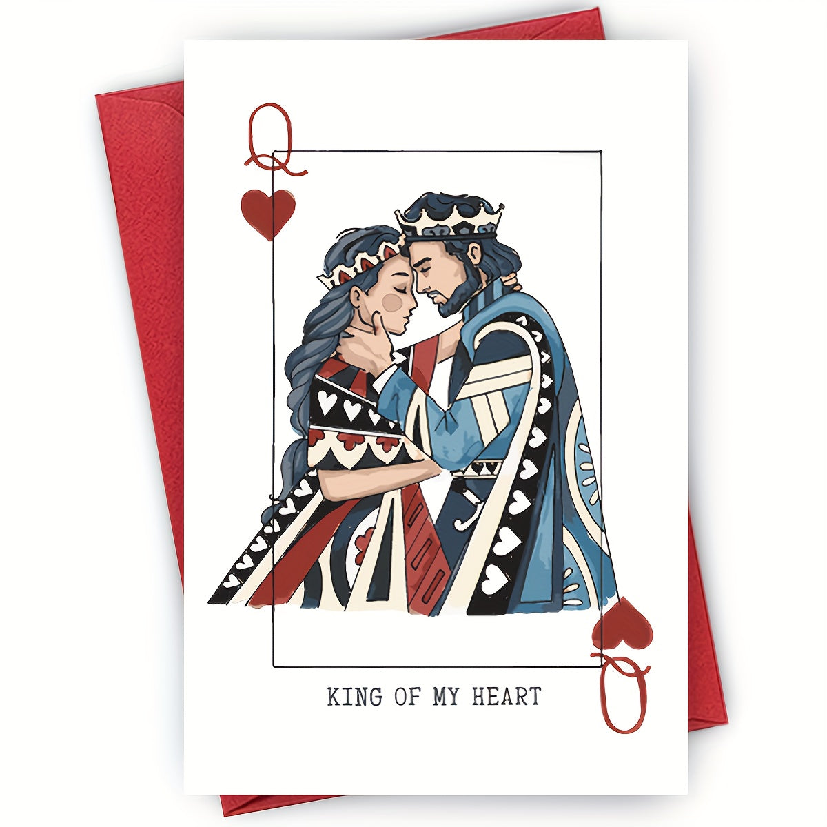 TEMU King Of My Heart" Anniversary Card With Red Envelope - Romantic Playing Card Design Featuring Couple In Traditional Attire - Ideal For Husband,