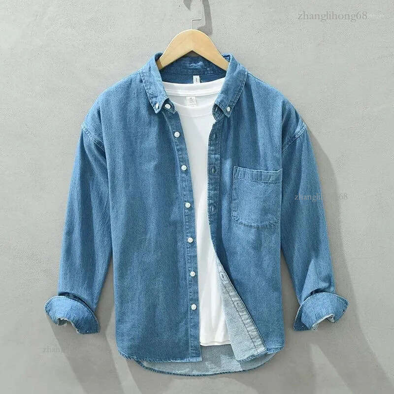 Men&#039;s Casual Shirts #7627 Cotton Vintage Denim Shirt Men Turn-down Collar Retro Outerwear Long Sleeve Loose Spring