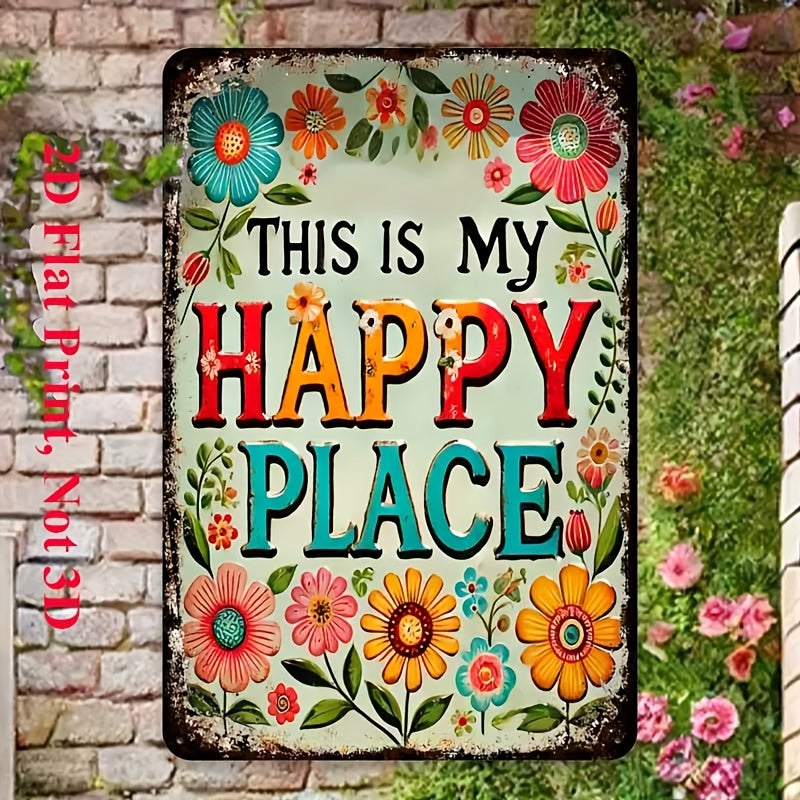 TEMU 2d Flat - 1pc Garden Flowers Vintage Metal Tin Sign, " Happy " Wall Mounted 2d Flat Sign 8 X 12 Inch, Outdoor Garden Fence Wall Decor