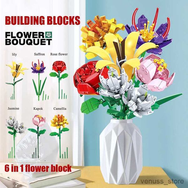 Blocks Building Blocks Flower Lavender Chrysanthemum Rose Simulation Plant Bouquet Potted Assembled Children&#039;s Toy Girl Gift R230629