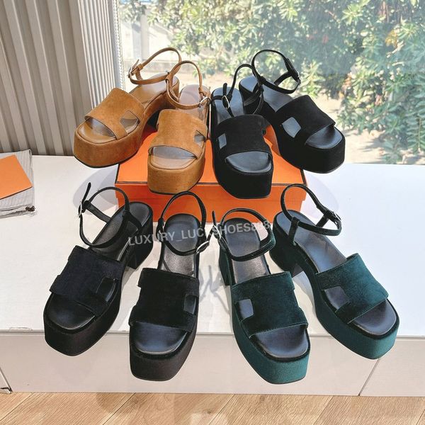 Top quality Velvet Chunky Block heel sandal High-heeled shoes ankle strap Dress shoes Luxury designer heels Office shoes party shoes green b