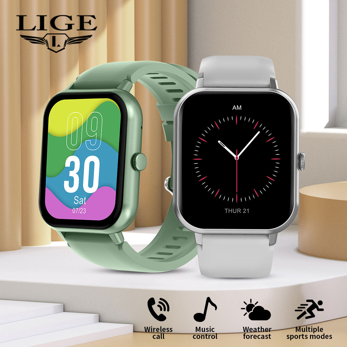 LIGE 1.82-inch Square Color Screen Smart Watch Multi functional Waterproof Step Counting Alarm Clock Wireless Call Health Monitoring Message Push Wa