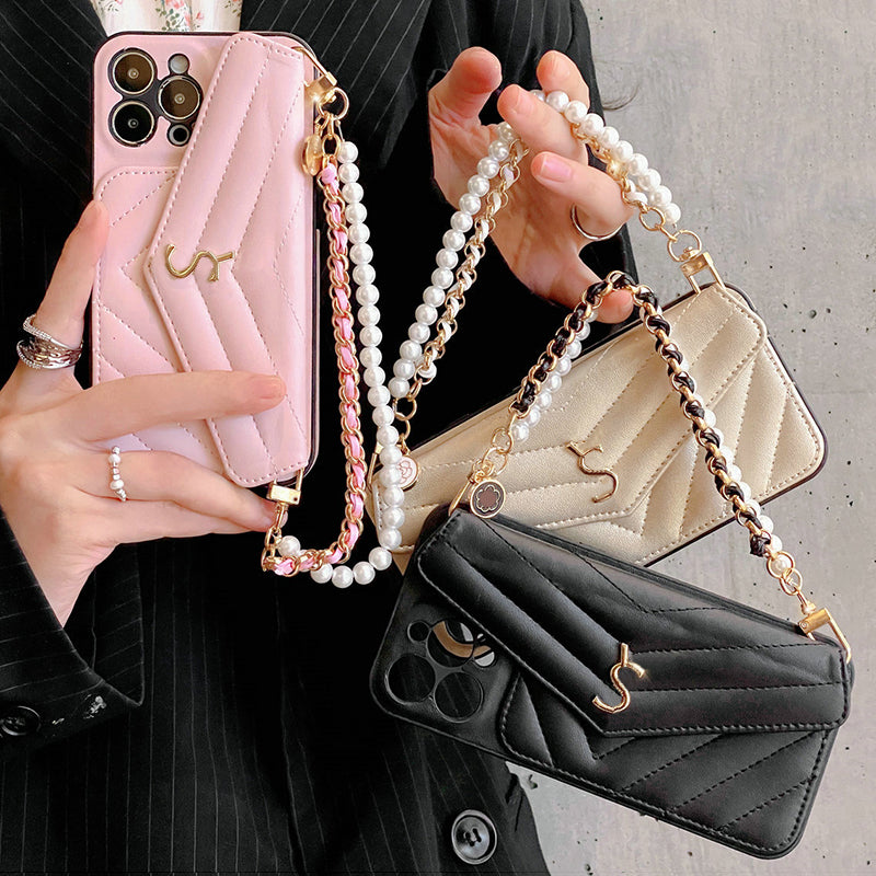 For Pro Max Classic Fashion Designer Phone Apple iPhone 14 ProMax 13 12 11 15 16 Plus Card Holder Leather Case Chain Strap