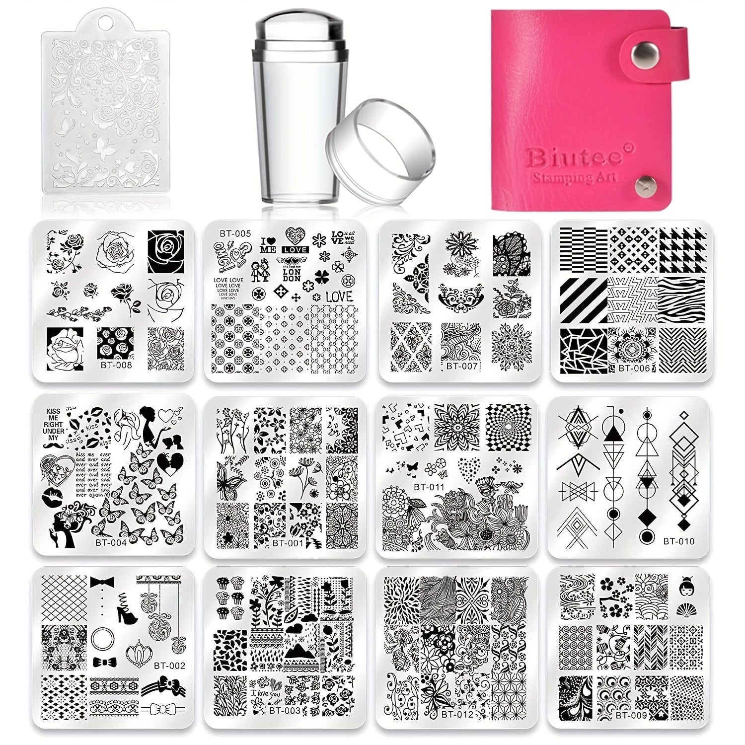 TEMU Biutee Nail Stamping Plates Set 12pcs Nail Plates 1stamper 1scraper Bag Nail Plate Template Image Plate Stencil Nails Tool
