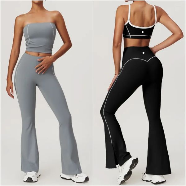 2025--Yoga Outfit Womens Sets Two Pieces Flared Pants and Vest Sport Gym Running Casual Tracksuit Elastic High Waist Sportwear Suits