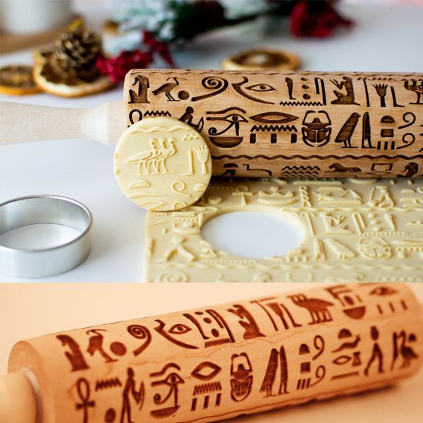 Rolling Pins Pastry Boards Arjmide Egyptian Hieroglyphs Embossing Pin with Pattern Cookies Decorating Roller Laser Engraved For Baking 23080
