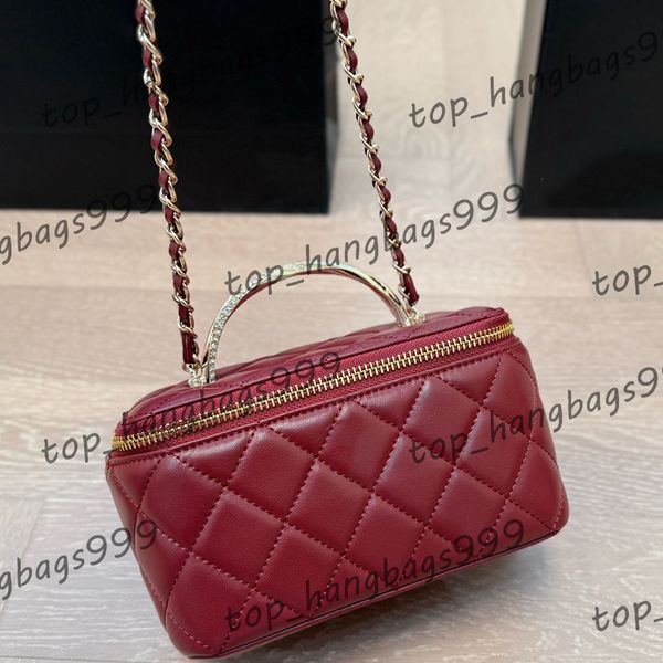 3Colors Suitcase Vanity Box Bags Top Metal Studded Diamond Handle With Mirror Makeup Cosmetic Case Card Holder Lambskin Lipstick Handbag Poc