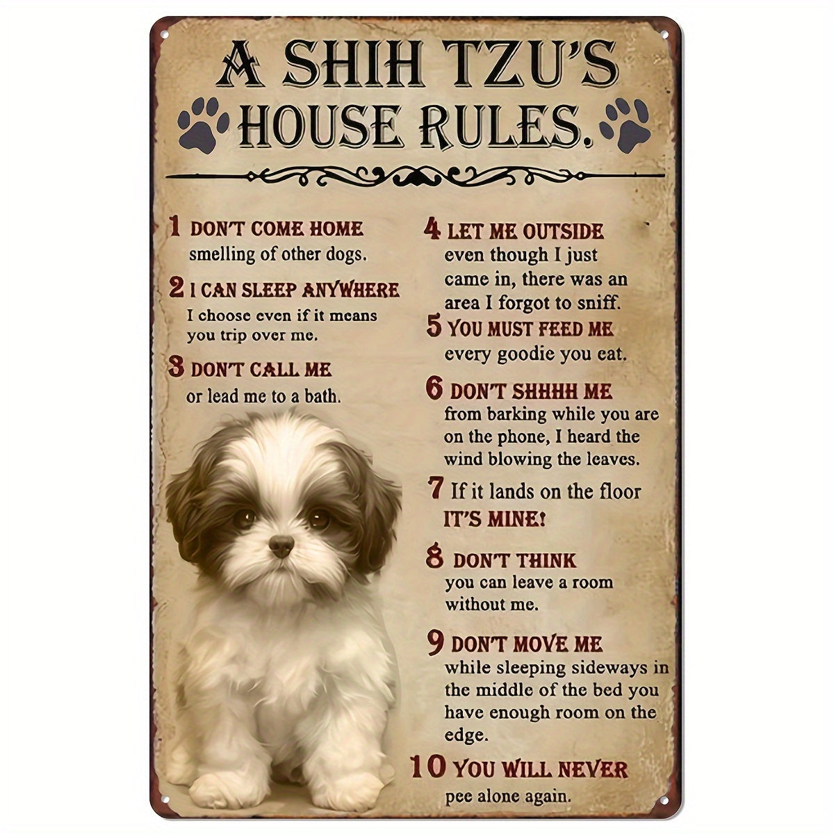 TEMU Shih Tzu House Rules Vintage Aluminum Sign - 8x12 Inch Pet-themed Wall Decor For Dog Lovers, Humorous Shih Tzu Artwork & Housewarming Gift, Dog