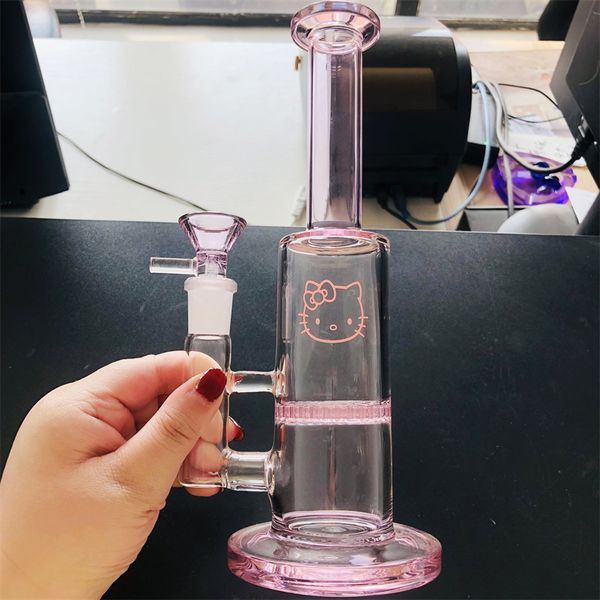 8.5inhces Pink Kitty 14mm Male Glass Bong Bowl with Thick Hookah Bowls Water Pipes for Dab Rigs