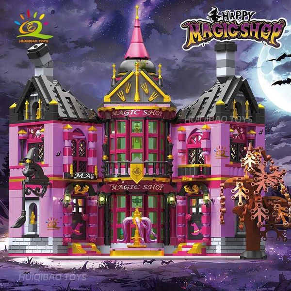 Blocks HUIQIBAO Halloween Witch House Wizard Bar Magic Shop Miniature Model Building Block City DIY Shop Assemble Childrens Brick ToysY24111