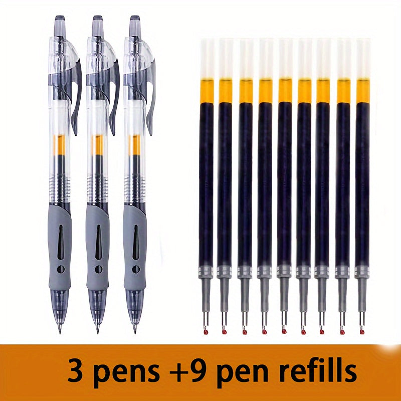 TEMU 12 Clear Push Gel Pen Set With 0.5mm Medium Tip For Smooth Writing - For Office And School (includes 3 Pens And 9 Black, Blue And Red Refills)