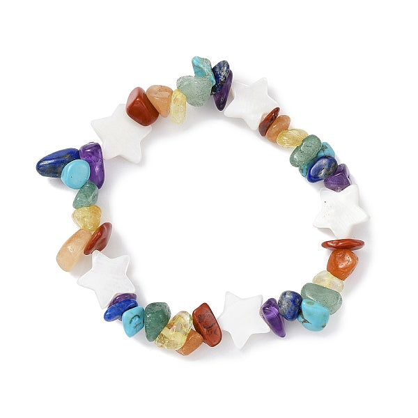 Natural & Synthetic Mixed Gemstone Chips & Shell Beaded Stretch Bracelet