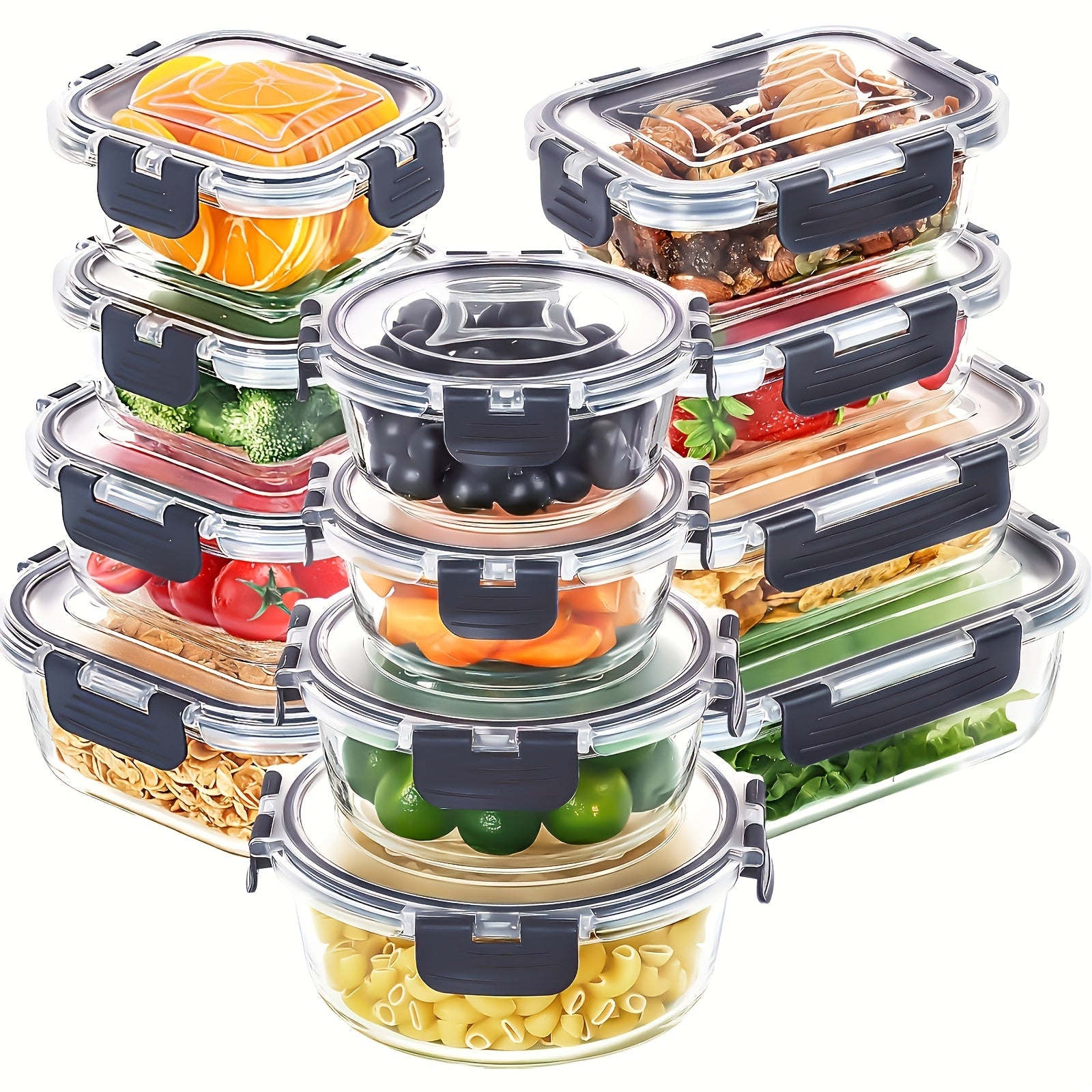 TEMU 12pcs Glass Food Storage Containers Set With Removable Lids - Leakproof Airtight Pantry, Lunch Box, Meal Prep - Clear Glass Bowls With Black