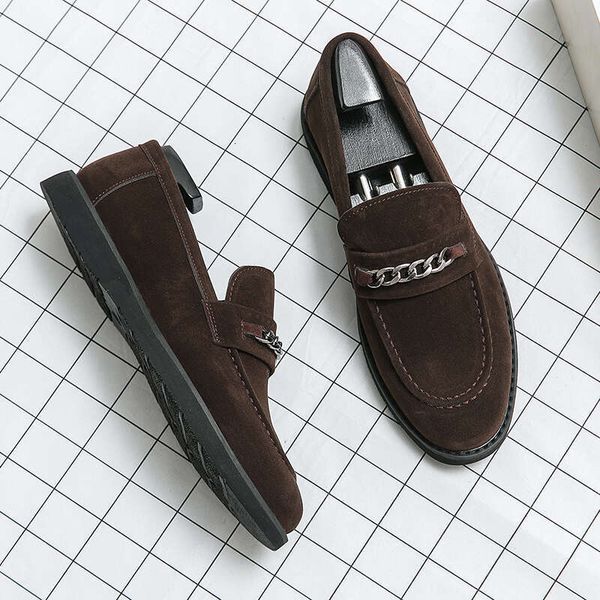 2024 Summer Men Business Casual Slip-on Suede Leather Loafers Chain Decorationg Daily Party Shoes Black