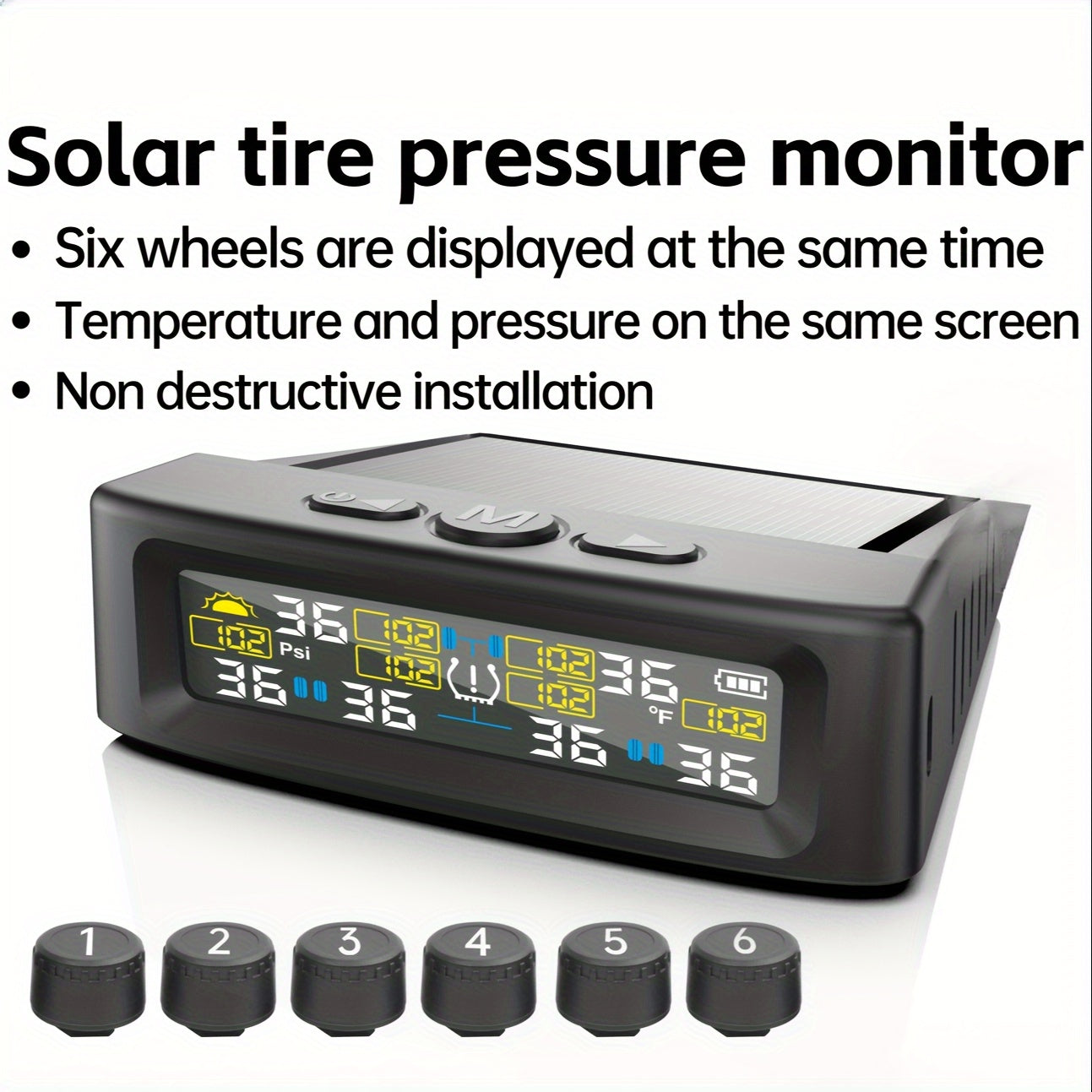 TEMU 6-wheel Solar Tire Pressure Monitoring System, Solar Usb Rechargeable Car Tpms With 6 External Sensors, Universal Tire Pressure Monitoring