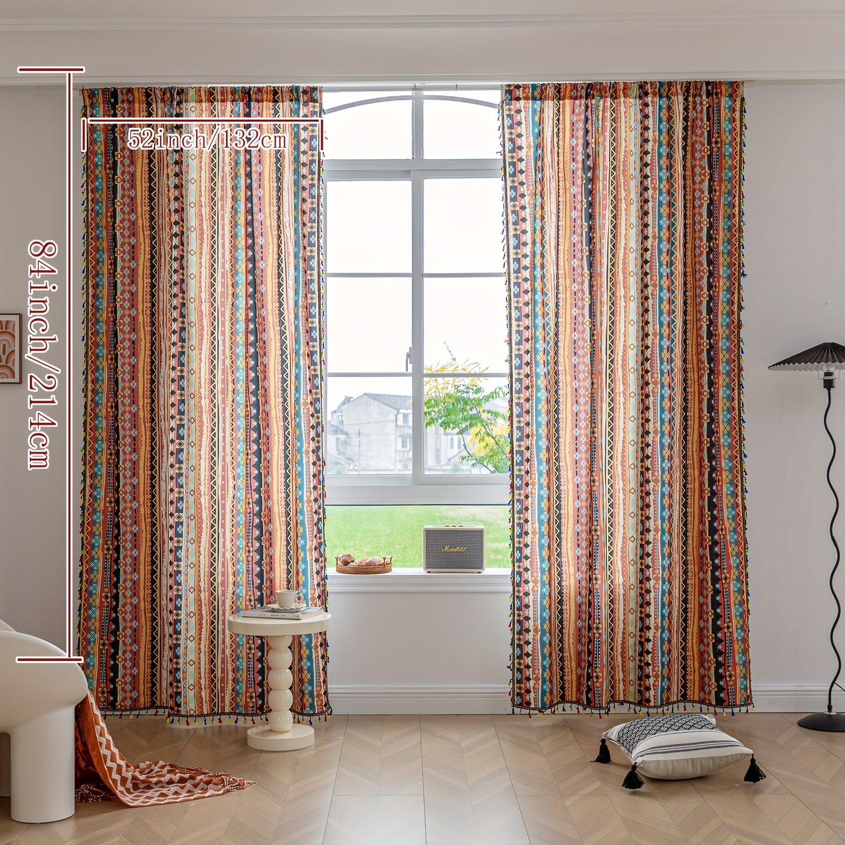 TEMU 2pcs Bohemian Farmhouse Curtains-colorful Abstract Stripes With Tassels, Suitable For Light Filtering Privacy Protection In Bedrooms, Living