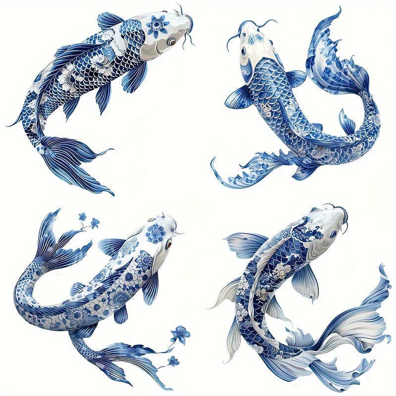 TEMU Japanese Koi Fish Stickers - Blue And White Porcelain Carp, Double-sided Scratch-resistant Vinyl Decals, Transparent Film For Cars, Motorcycles,