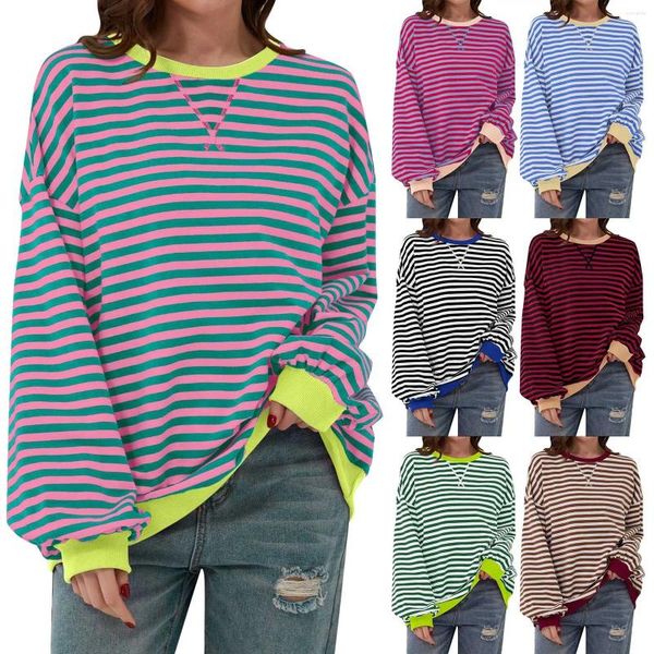 Women&#039;s T Shirts 2024 Spring Fall Striped Long Sleeve Shirt Casual Round Neck Pullover Top Fashion Y2k Girls Streetwear Female Clothes