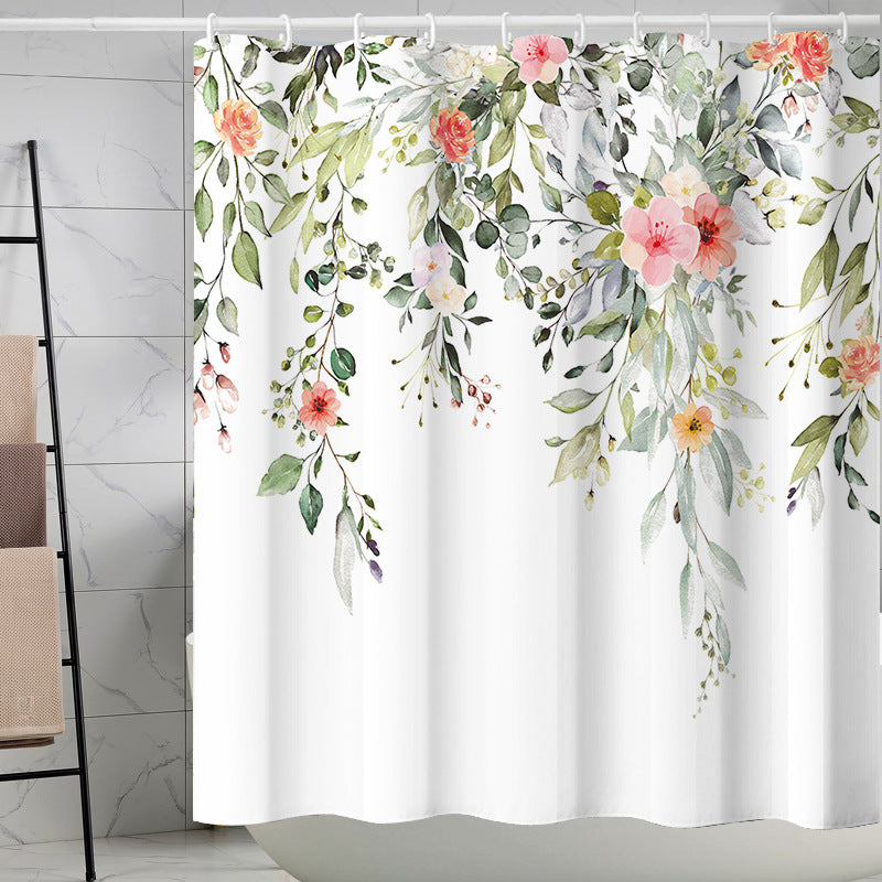 YL-37140 digital shower curtain cross-border plant flower waterproof polyester bathroom four-piece set dry and wet separation moisture-proof