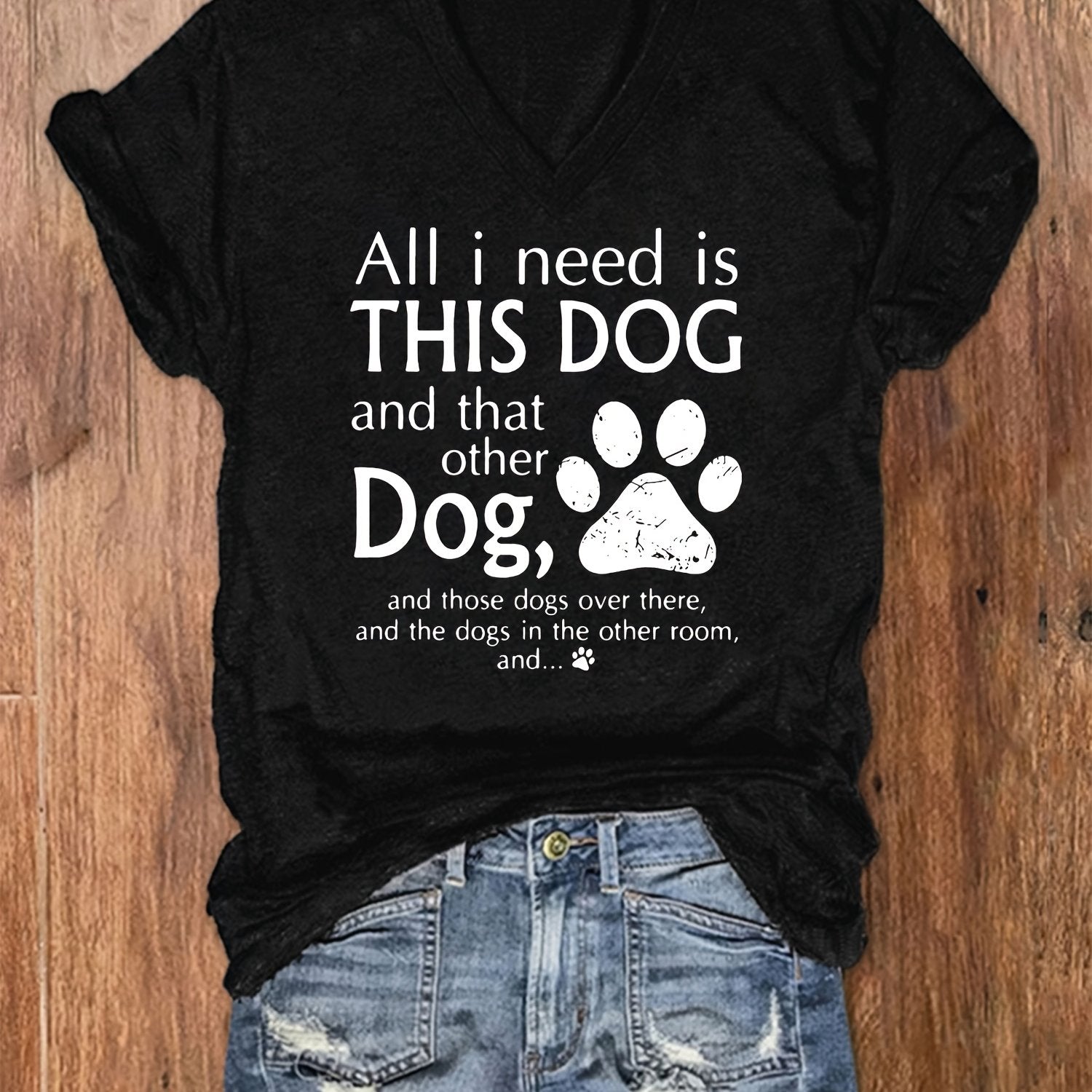 TEMU Dog Letter Print T-shirt, V Neck Short Sleeve T-shirt, Casual Tops, Women's Clothing