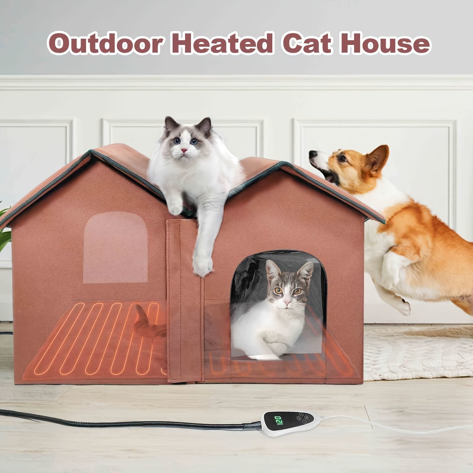 TEMU Outdoor Heated Cat House;insulated Outdoor Cat Cage With Sponge Pad And Pet Heating Bed ; Assembly Cat Shelter For Outdoor Cats; Suitable For